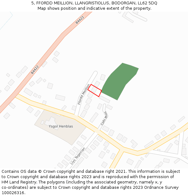 5, FFORDD MEILLION, LLANGRISTIOLUS, BODORGAN, LL62 5DQ: Location map and indicative extent of plot