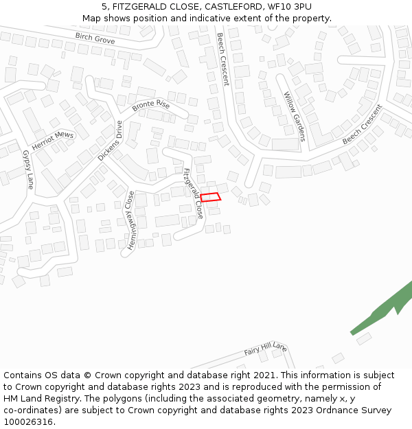 5, FITZGERALD CLOSE, CASTLEFORD, WF10 3PU: Location map and indicative extent of plot