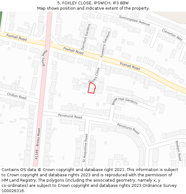 5, FOXLEY CLOSE, IPSWICH, IP3 8BW: Location map and indicative extent of plot