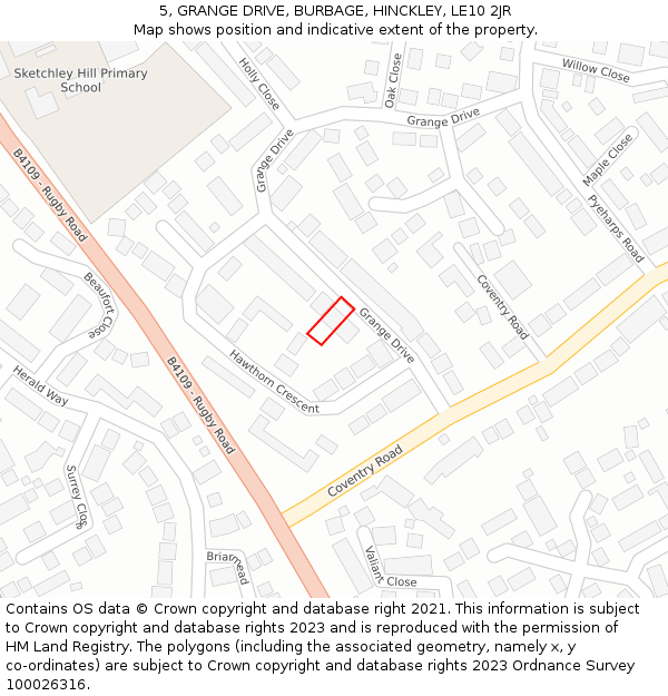 5, GRANGE DRIVE, BURBAGE, HINCKLEY, LE10 2JR: Location map and indicative extent of plot