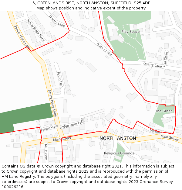 5, GREENLANDS RISE, NORTH ANSTON, SHEFFIELD, S25 4DP: Location map and indicative extent of plot