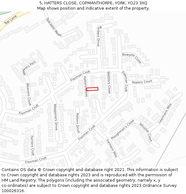 5, HATTERS CLOSE, COPMANTHORPE, YORK, YO23 3XQ: Location map and indicative extent of plot