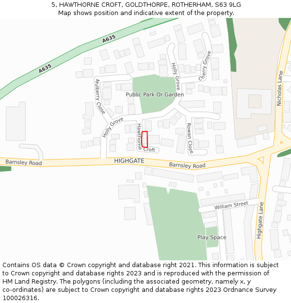 5, HAWTHORNE CROFT, GOLDTHORPE, ROTHERHAM, S63 9LG: Location map and indicative extent of plot