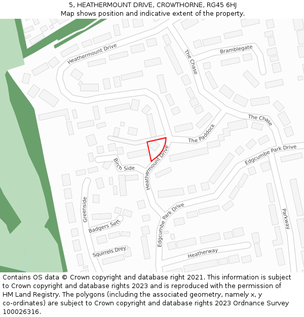 5, HEATHERMOUNT DRIVE, CROWTHORNE, RG45 6HJ: Location map and indicative extent of plot