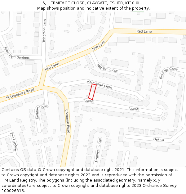 5, HERMITAGE CLOSE, CLAYGATE, ESHER, KT10 0HH: Location map and indicative extent of plot