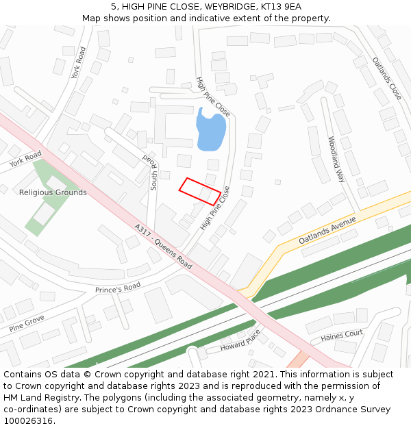 5, HIGH PINE CLOSE, WEYBRIDGE, KT13 9EA: Location map and indicative extent of plot