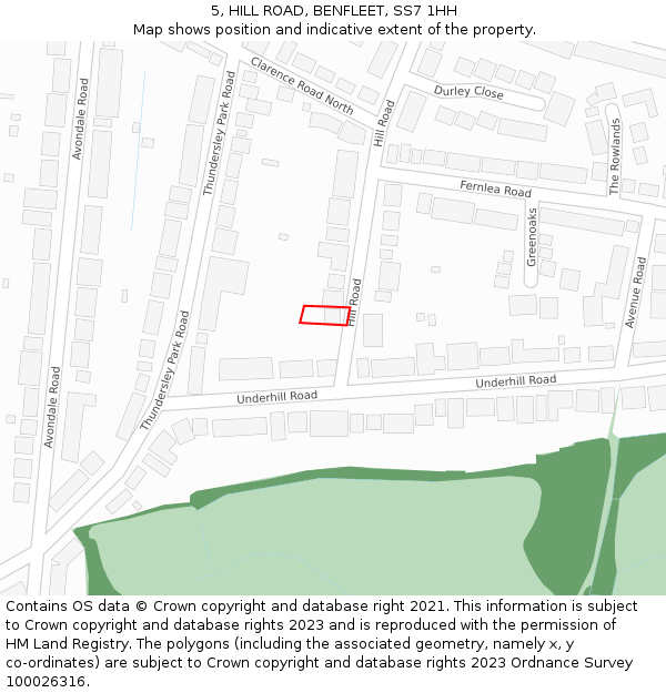 5, HILL ROAD, BENFLEET, SS7 1HH: Location map and indicative extent of plot