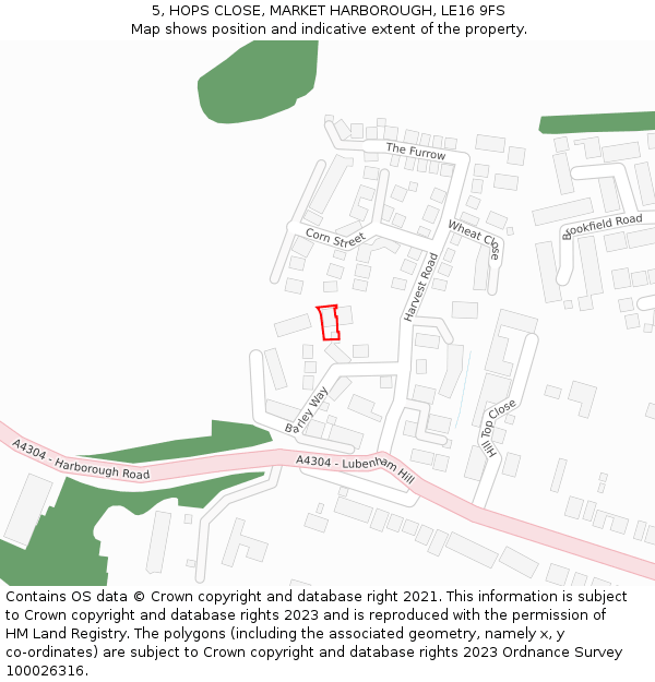 5, HOPS CLOSE, MARKET HARBOROUGH, LE16 9FS: Location map and indicative extent of plot