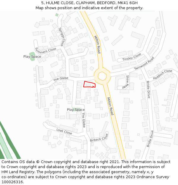 5, HULME CLOSE, CLAPHAM, BEDFORD, MK41 6GH: Location map and indicative extent of plot