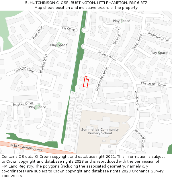 5, HUTCHINSON CLOSE, RUSTINGTON, LITTLEHAMPTON, BN16 3TZ: Location map and indicative extent of plot