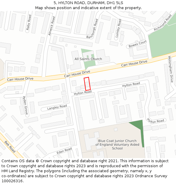 5, HYLTON ROAD, DURHAM, DH1 5LS: Location map and indicative extent of plot