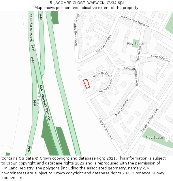 5, JACOMBE CLOSE, WARWICK, CV34 6JN: Location map and indicative extent of plot