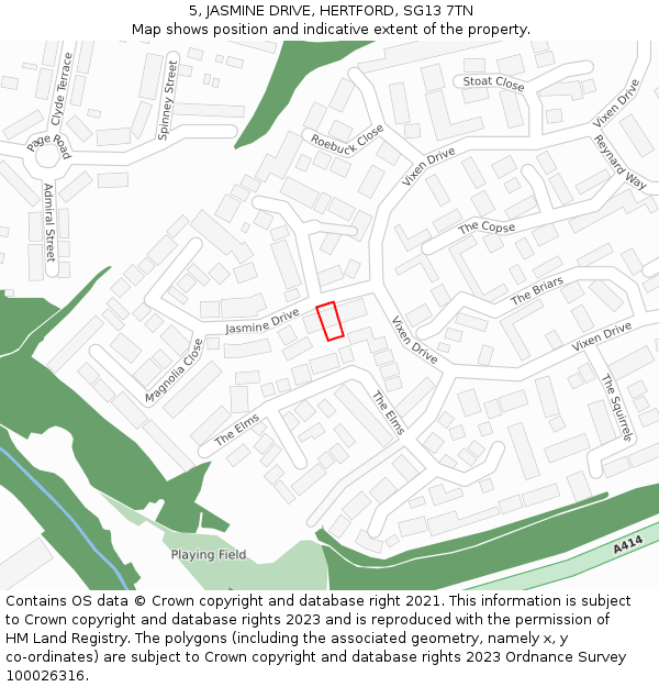 5, JASMINE DRIVE, HERTFORD, SG13 7TN: Location map and indicative extent of plot