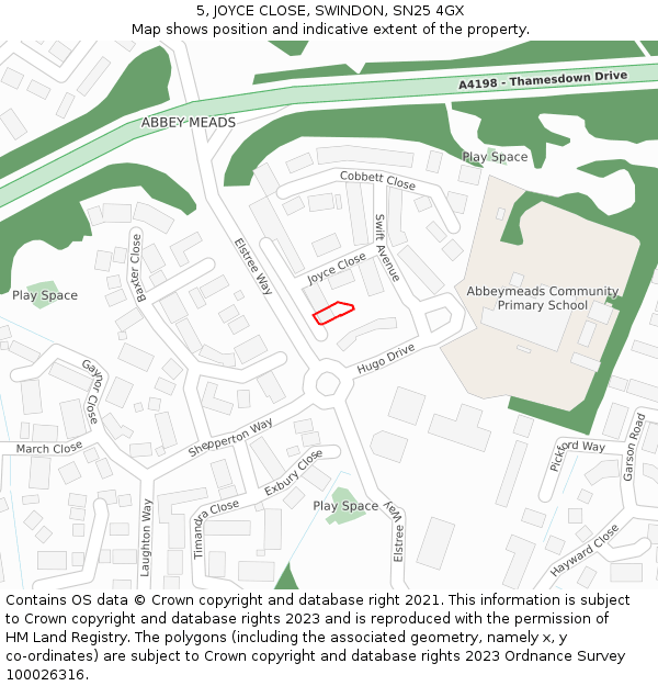 5, JOYCE CLOSE, SWINDON, SN25 4GX: Location map and indicative extent of plot