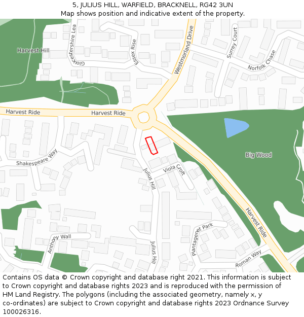 5, JULIUS HILL, WARFIELD, BRACKNELL, RG42 3UN: Location map and indicative extent of plot