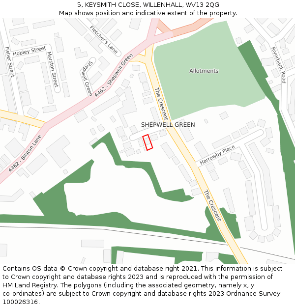 5, KEYSMITH CLOSE, WILLENHALL, WV13 2QG: Location map and indicative extent of plot