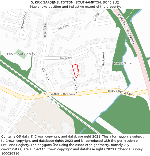 5, KIRK GARDENS, TOTTON, SOUTHAMPTON, SO40 9UZ: Location map and indicative extent of plot