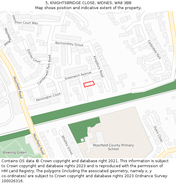 5, KNIGHTSBRIDGE CLOSE, WIDNES, WA8 3BB: Location map and indicative extent of plot