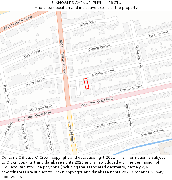 5, KNOWLES AVENUE, RHYL, LL18 3TU: Location map and indicative extent of plot