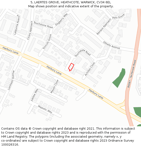 5, LAERTES GROVE, HEATHCOTE, WARWICK, CV34 6EL: Location map and indicative extent of plot