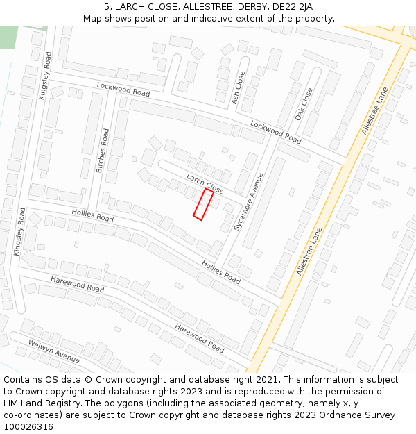 5, LARCH CLOSE, ALLESTREE, DERBY, DE22 2JA: Location map and indicative extent of plot