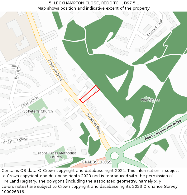 5, LECKHAMPTON CLOSE, REDDITCH, B97 5JL: Location map and indicative extent of plot