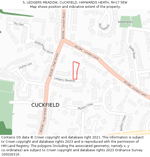 5, LEDGERS MEADOW, CUCKFIELD, HAYWARDS HEATH, RH17 5EW: Location map and indicative extent of plot