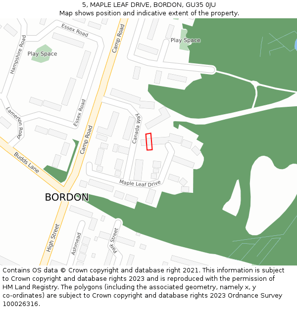 5, MAPLE LEAF DRIVE, BORDON, GU35 0JU: Location map and indicative extent of plot