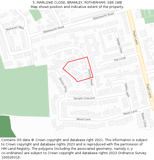 5, MARLOWE CLOSE, BRAMLEY, ROTHERHAM, S66 1WB: Location map and indicative extent of plot