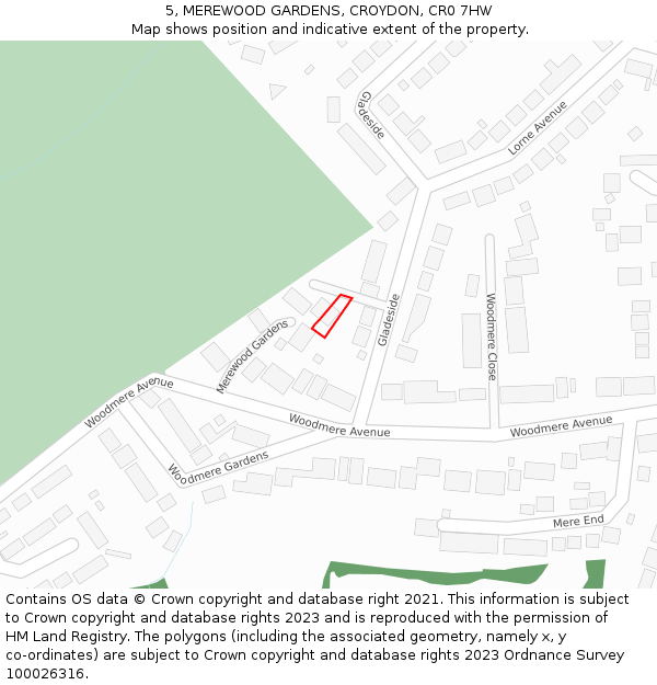 5, MEREWOOD GARDENS, CROYDON, CR0 7HW: Location map and indicative extent of plot