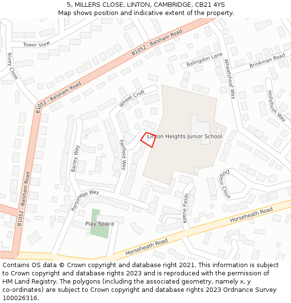 5, MILLERS CLOSE, LINTON, CAMBRIDGE, CB21 4YS: Location map and indicative extent of plot