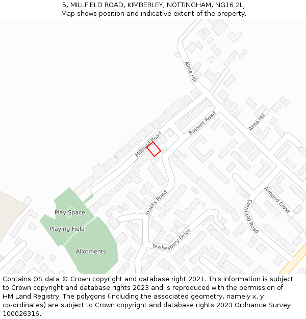 5, MILLFIELD ROAD, KIMBERLEY, NOTTINGHAM, NG16 2LJ: Location map and indicative extent of plot