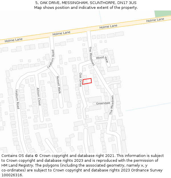 5, OAK DRIVE, MESSINGHAM, SCUNTHORPE, DN17 3US: Location map and indicative extent of plot