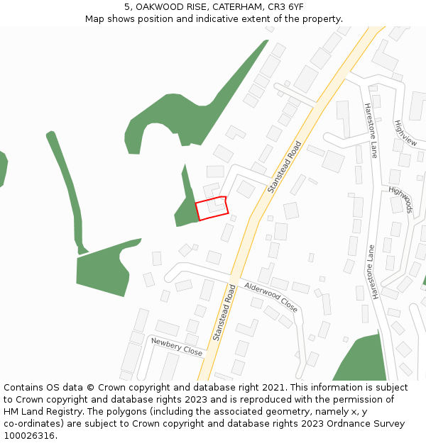 5, OAKWOOD RISE, CATERHAM, CR3 6YF: Location map and indicative extent of plot