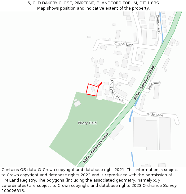 5, OLD BAKERY CLOSE, PIMPERNE, BLANDFORD FORUM, DT11 8BS: Location map and indicative extent of plot