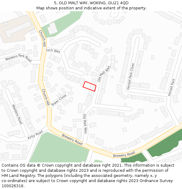 5, OLD MALT WAY, WOKING, GU21 4QD: Location map and indicative extent of plot