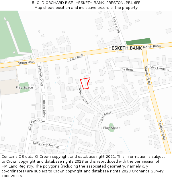 5, OLD ORCHARD RISE, HESKETH BANK, PRESTON, PR4 6FE: Location map and indicative extent of plot