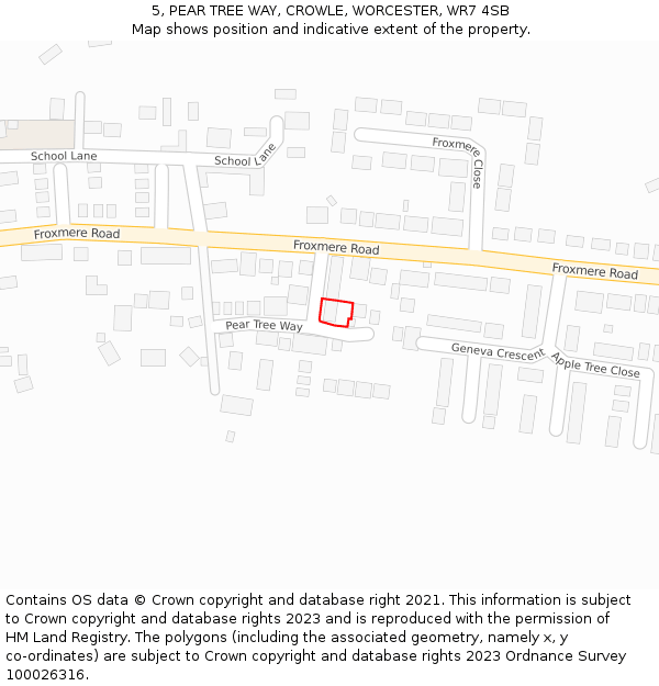 5, PEAR TREE WAY, CROWLE, WORCESTER, WR7 4SB: Location map and indicative extent of plot