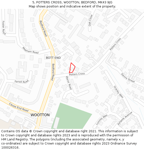 5, POTTERS CROSS, WOOTTON, BEDFORD, MK43 9JG: Location map and indicative extent of plot