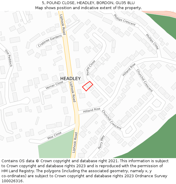 5, POUND CLOSE, HEADLEY, BORDON, GU35 8LU: Location map and indicative extent of plot