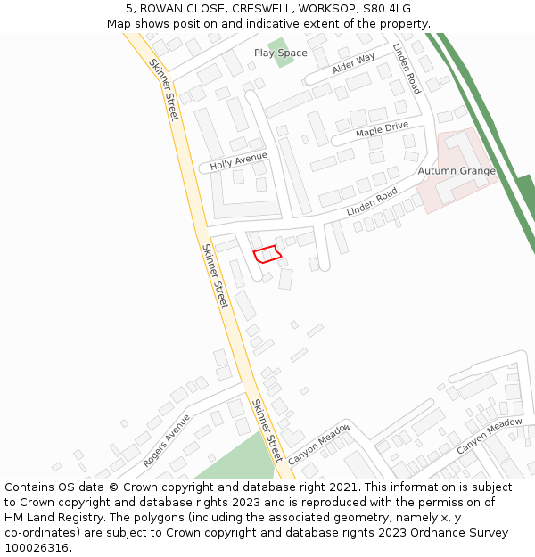 5, ROWAN CLOSE, CRESWELL, WORKSOP, S80 4LG: Location map and indicative extent of plot