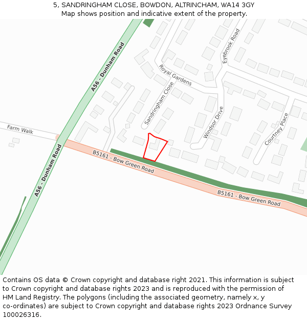 5, SANDRINGHAM CLOSE, BOWDON, ALTRINCHAM, WA14 3GY: Location map and indicative extent of plot