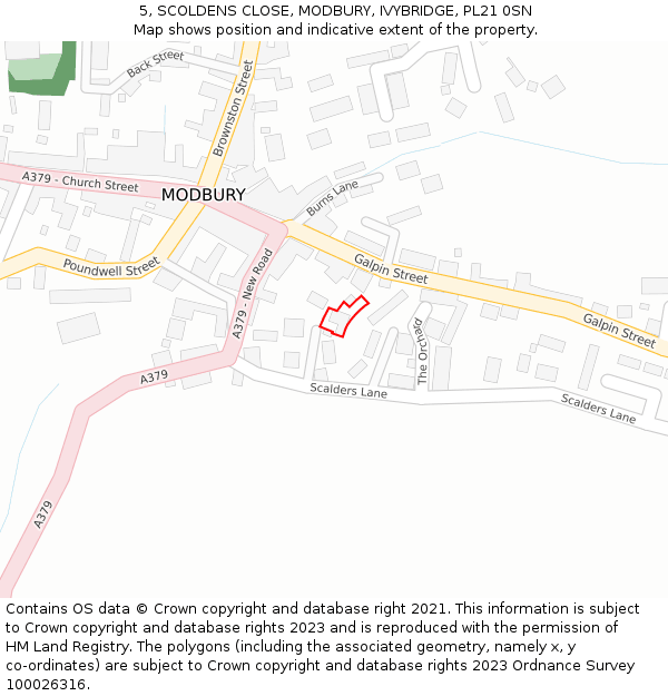 5, SCOLDENS CLOSE, MODBURY, IVYBRIDGE, PL21 0SN: Location map and indicative extent of plot