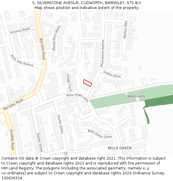 5, SILVERSTONE AVENUE, CUDWORTH, BARNSLEY, S72 8LY: Location map and indicative extent of plot