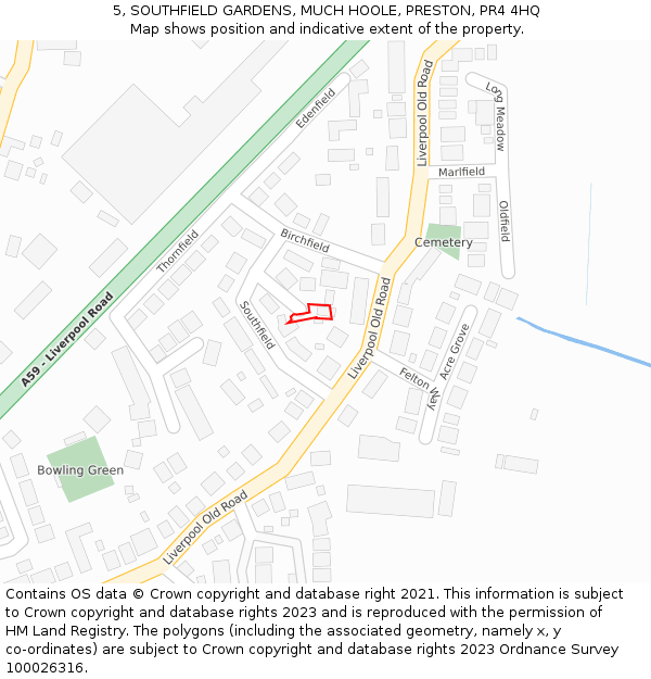 5, SOUTHFIELD GARDENS, MUCH HOOLE, PRESTON, PR4 4HQ: Location map and indicative extent of plot