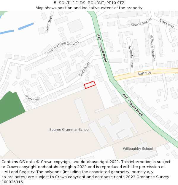 5, SOUTHFIELDS, BOURNE, PE10 9TZ: Location map and indicative extent of plot