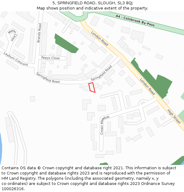 5, SPRINGFIELD ROAD, SLOUGH, SL3 8QJ: Location map and indicative extent of plot