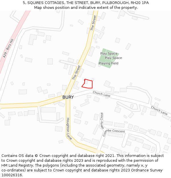 5, SQUIRES COTTAGES, THE STREET, BURY, PULBOROUGH, RH20 1PA: Location map and indicative extent of plot