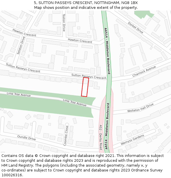 5, SUTTON PASSEYS CRESCENT, NOTTINGHAM, NG8 1BX: Location map and indicative extent of plot