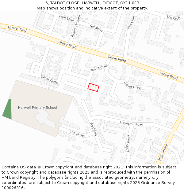 5, TALBOT CLOSE, HARWELL, DIDCOT, OX11 0FB: Location map and indicative extent of plot